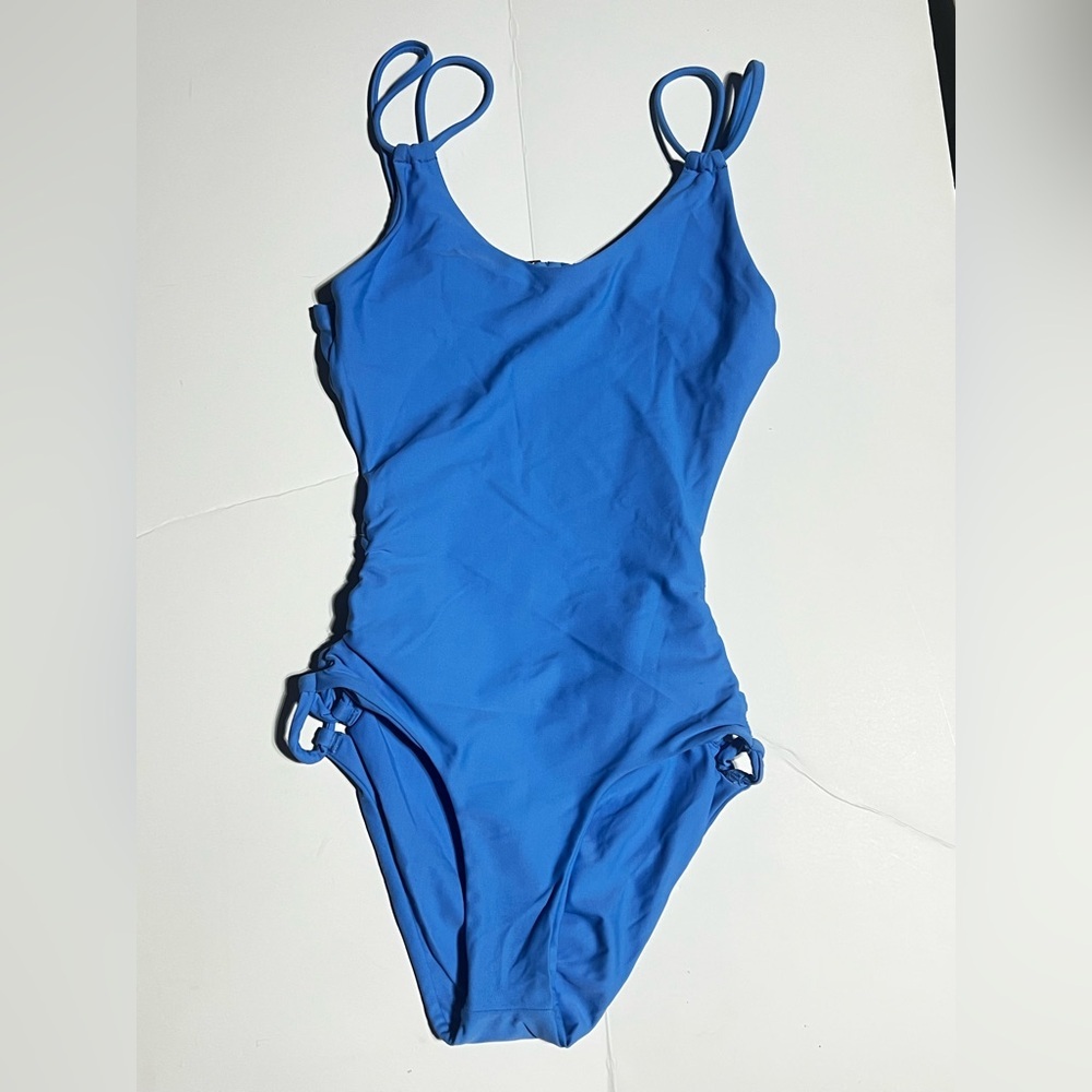Tori Praver Cheeky High Cut Blue Lace-Up Swimsuit Sz S